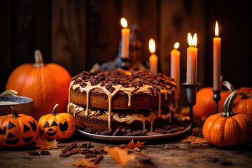 Chocolate Chip Pumpkin Cake with cinnamon, pumpkins and candles in background