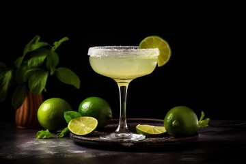 Cocktail Margarita, lime and mint on a dark background.