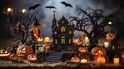 Fototapeta na wymiar Spooky Haunted House Decorationsed Halloween style 