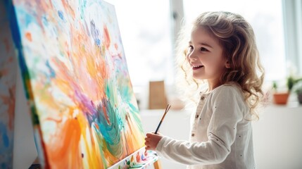Little girl sitting at an easel hand painting colorful masterpiece. Generative AI