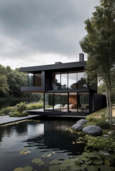 Fototapeta na wymiar A dark color modern house with natural elements.