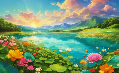 Naklejka premium A beautiful lake with blooming flowers and mountain background.