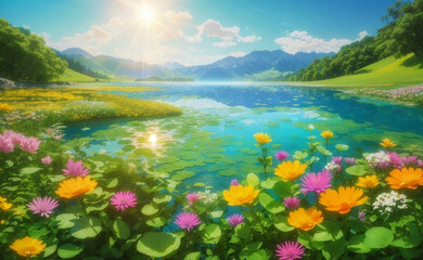A beautiful lake with blooming flowers and mountain background.