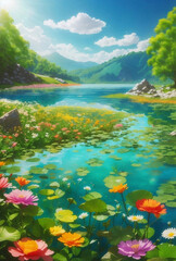 Fototapeta na wymiar A beautiful lake with blooming flowers and mountain background.
