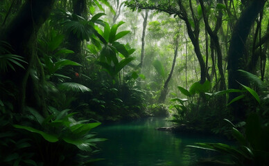 Fototapeta na wymiar A dark beautiful rain forest green nature background.