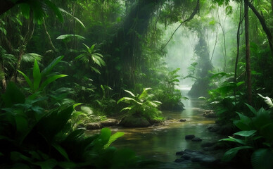 Fototapeta na wymiar A dark beautiful rain forest green nature background.