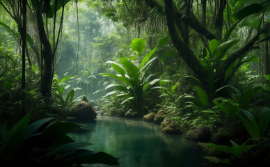 A dark beautiful rain forest green nature background.