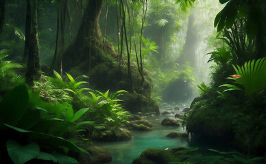 A dark beautiful rain forest green nature background.