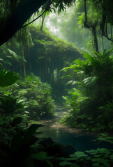 A dark beautiful rain forest green nature background.