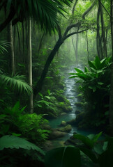 A dark beautiful rain forest green nature background.