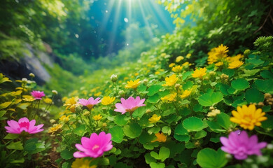 Fototapeta premium A blooming flowers field with beautiful nature background.