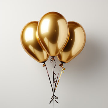 Bunch of three gold balloons for birthday party on white background