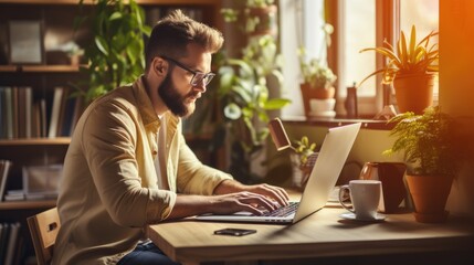 Young businessman typing on laptop in home office. Generative AI