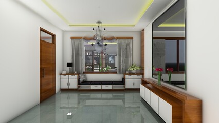 Modern living room interior with a wooden cabinet that blends with a sofa chair. 3d rendering