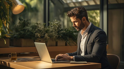 Fototapeta premium Young businessman typing on laptop in home office. Generative AI