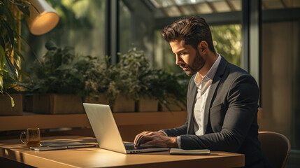 Young businessman typing on laptop in home office. Generative AI