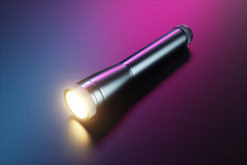 Abstract flashlight shines on a pink and blue neon background. 3d rendering illustration.