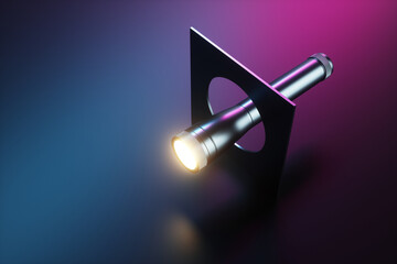Abstraction from a flashlight and a square figure with a hole. 3d rendering illustration.