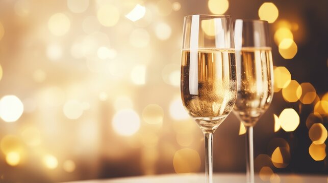 champagne glasses on golden background with out of focus lights. christmas wallpaper.