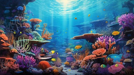 a colorful coral garden, with intricate patterns and vibrant marine life, highlighting the beauty of coral ecosystems