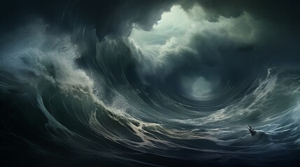a dramatic and turbulent ocean storm, with towering waves and dark, brooding clouds © Muhammad