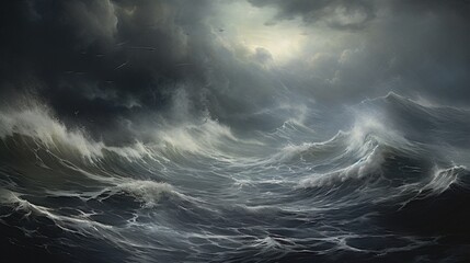 a dramatic and turbulent ocean storm, with towering waves and dark, brooding clouds