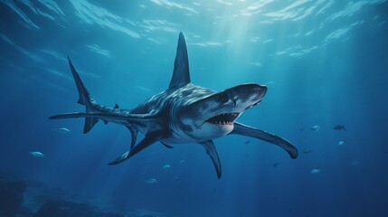 a graceful hammerhead shark cruising through the deep ocean, its distinctive shape and movements frozen in high resolution