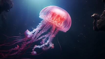 a graceful jellyfish pulsating in the deep, its delicate tentacles and otherworldly beauty showcased in high resolution
