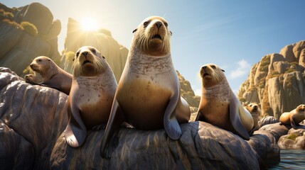 a group of sea lions basking on a sunlit rock, their expressive faces and sleek bodies captured in high resolution