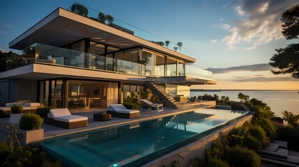 Fototapeta premium a photography modern villa with terrace taken with a drone
