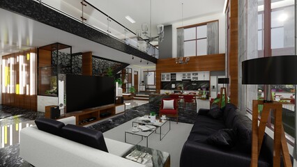 Modern interior design of living room, corner view near tv with bookshelf, wide window, marble floor, 3d rendering