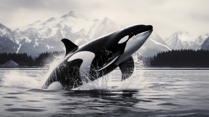 a majestic orca leaping gracefully out of the water, its black and white markings and powerful presence frozen in high resolution