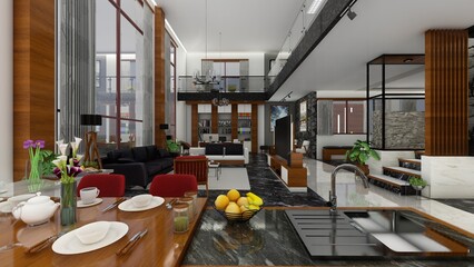Modern kitchen Interior design with dining area and wide windows, 3d rendering