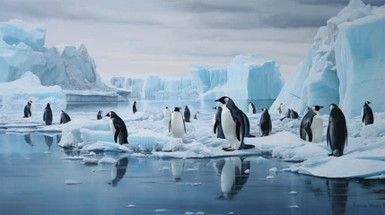 Rolgordijnen a playful colony of penguins on an icy shoreline © Muhammad