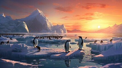 a playful colony of penguins on an icy shoreline