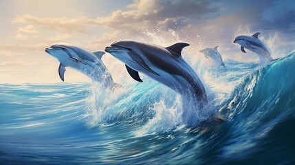 a pod of dolphins gracefully leaping through crystal-clear ocean waters, their playful elegance frozen in high resolution - obrazy, fototapety, plakaty