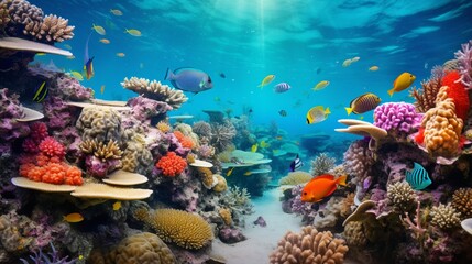 a pristine coral reef, teeming with vibrant marine life and colorful coral formations