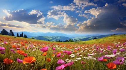 a pristine spring meadow, with a carpet of colorful wildflowers, basking in the warm