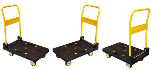 A modern cart with yellow handles and a black bottom for transporting items or barrels for a coffee shop or restaurant