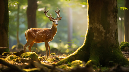 Portrait of majestic powerful adult red deer stag in Autumn Fall forest, AI Generative.