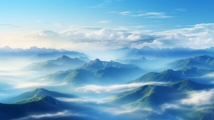 a serene and ethereal sea of clouds filling a mountain valley, with peaks rising like islands in a sea of mist