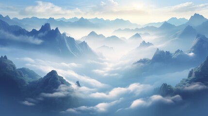 Fototapeta na wymiar a serene and ethereal sea of clouds filling a mountain valley, with peaks rising like islands in a sea of mist