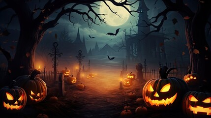 Pumpkins in a graveyard on a spooky night - Halloween background
