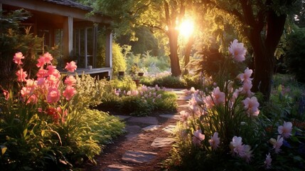 a tranquil summer garden at sunset, with the warm, soft light casting long shadows, and the fragrance of blooming flowers filling the air