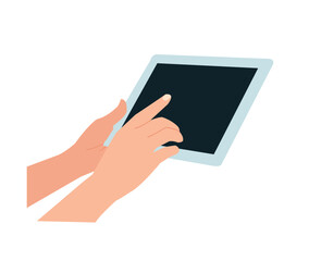hand holding digital tablet with empty screen, mock up