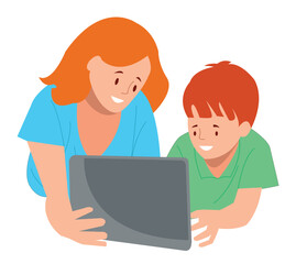 Mother and son at home in front of a computer. Vector illustration