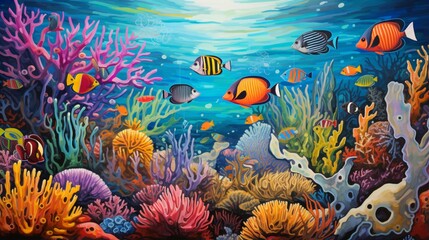 a vibrant and bustling coral reef, with schools of fish and intricate coral formations