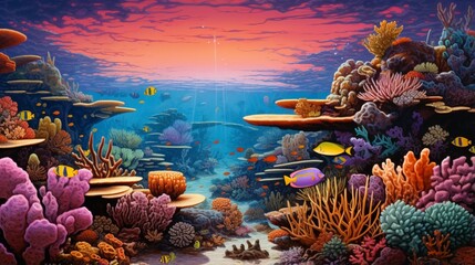 a vibrant and bustling coral reef, with schools of fish and intricate coral formations