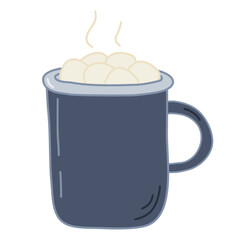 Big blue retro cup with hot chocolate and marshmallow, flat vector