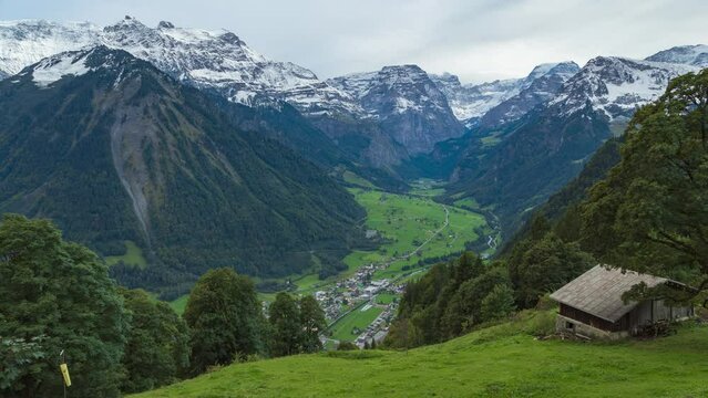 Timelapse, view of the Linth River valley, Linthal, Canton of Glarus, Switzerland
